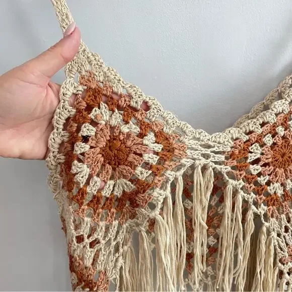 Vintage | Handmade Crocheted Sleeveless Tank Boho Tassels Festival Fringe Top S - Picture 4 of 6